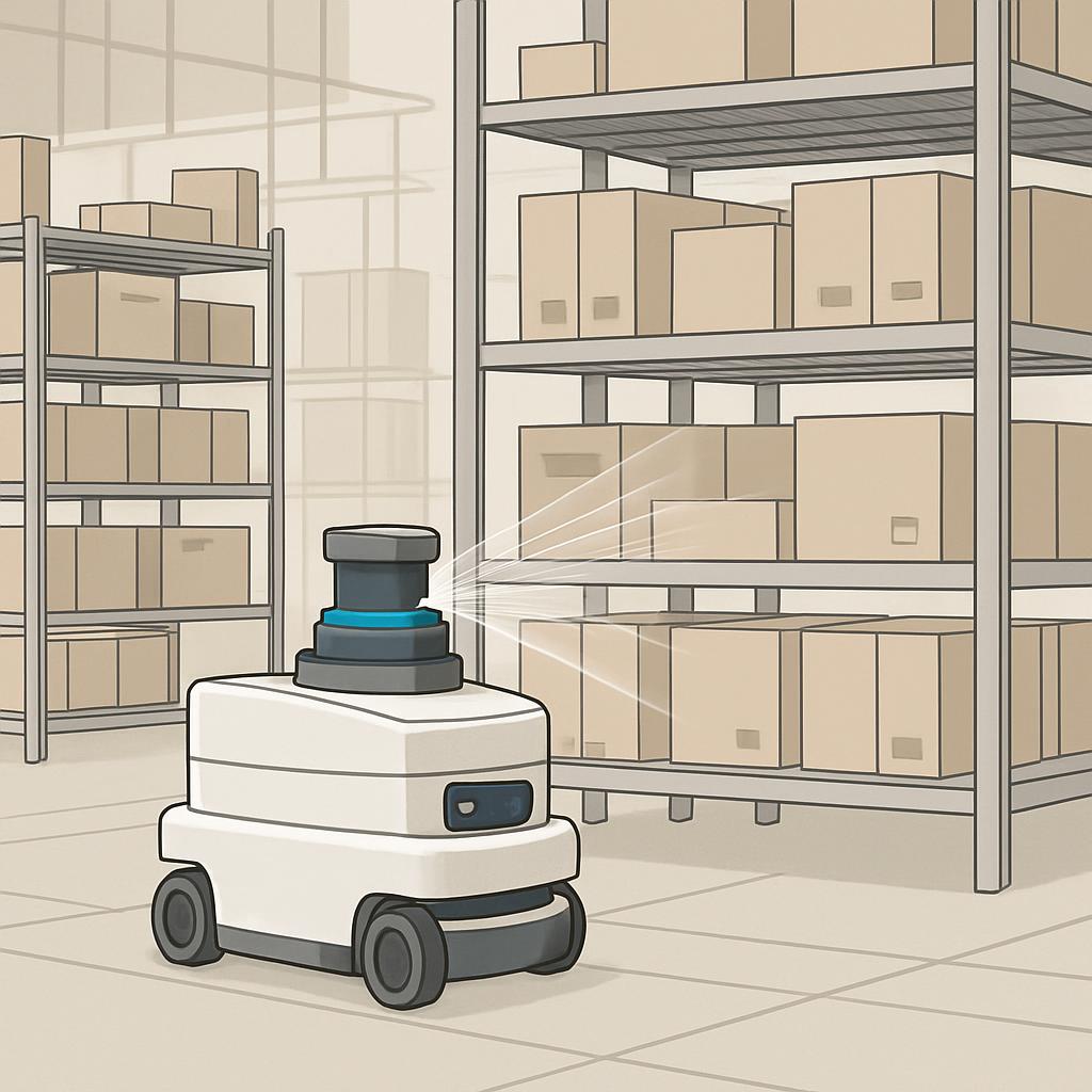 A warehouse with a white robot in the center of the room and shelves filled with cardboard boxes.